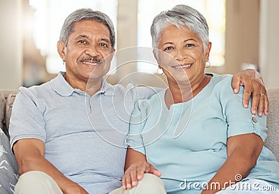 Retirement couple, portrait and relax sofa lounge, love and living room lifestyle together in Australia home. Elderly Stock Photo