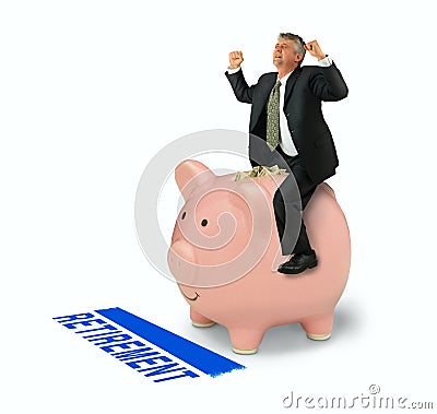 Retirement financial planning success man riding piggy bank full of money over RETIREMENT finish line Stock Photo