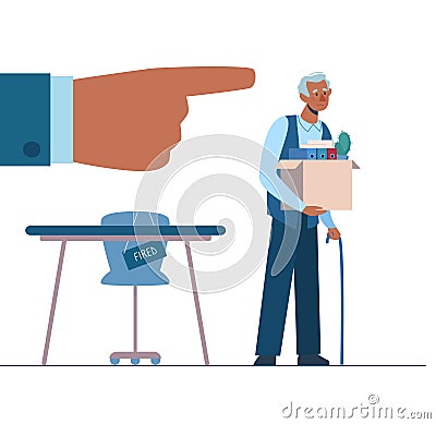 Retirement. Fired african person leaves the office with a box in his hands. Black man without work. Job loss due to Vector Illustration