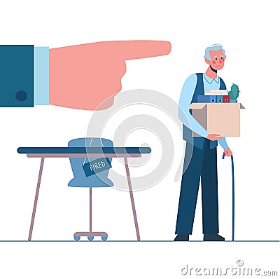 Retirement. Fired old person leaves the office with a box in his hands. Woman without work. Vector, flat. Dismissed Vector Illustration