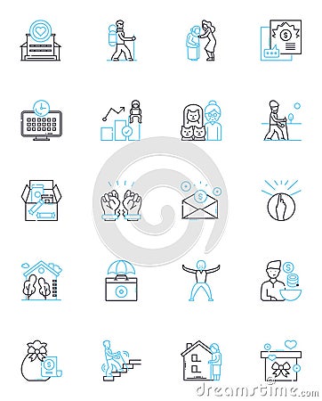 Retirement homes linear icons set. Senior, Independence, Comfort, Security, Relaxation, Serenity, Peaceful line vector Vector Illustration