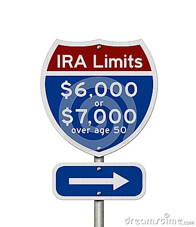 Retirement IRA contributions limits on a USA highway interstate road sign Stock Photo