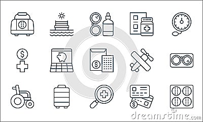 Retirement line icons. linear set. quality vector line set such as bowls, healthcare, wheelchair, cit cards, luggage, health Vector Illustration