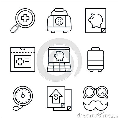 Retirement line icons. linear set. quality vector line set such as old man, financial presentation, blood pressure gauge, luggage Vector Illustration