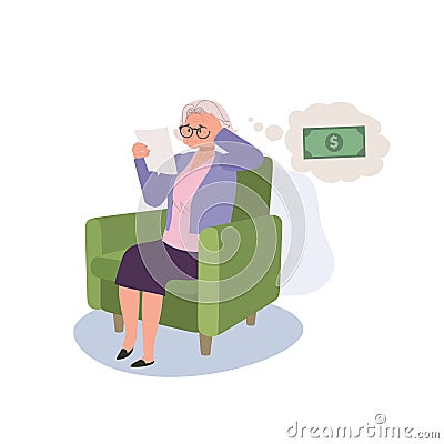 Retirement Money Concerns. Elderly Woman worried and Stressed About Bills and Financial. Flat vector cartoon illustration Vector Illustration
