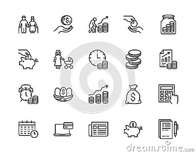 Retirement plan flat line icons set. Pension payment, money deposit, investment fund balance sheet inheritance vector Vector Illustration