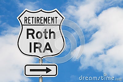 Retirement with Roth IRA plan route on a USA highway road sign Stock Photo