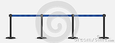 Retractable belt stanchion set. Portable ribbon barrier. Blue striped hazard fencing tape. Vector Illustration