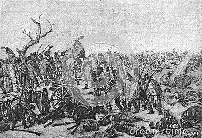 The retreat of the French army from Moscow. From German engraving of that time in the old book The History of Napoleon I, by Peer Stock Photo