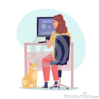 Retrieval virus illustration. The girl is sitting at the monitor and reading information about the virus. Cat in a Vector Illustration