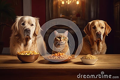 Retriever dogs and cat eating time. Generate ai Stock Photo