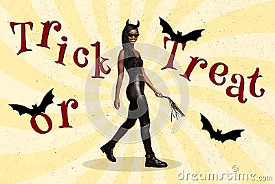 Retro abstract creative artwork template collage of sexy young woman devil demon horns leather costume whip bdsm trick Stock Photo