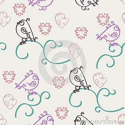 Retro abstract valentine seamless pattern. Romantic nostalgia design with curls, hearts and birds. Can be used for web page backgr Vector Illustration