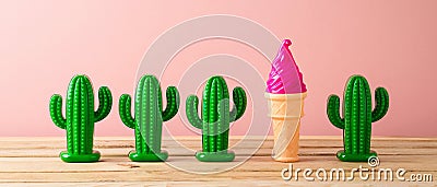 Retro aesthetic still life with summer decorations, Summer vacation vibes concept with cactus and ice cream Stock Photo