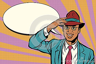 Retro African businessman takes off his hat Vector Illustration