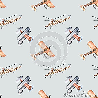 Retro air planes vintage style watercolor illustration seamless pattern isolated Cartoon Illustration