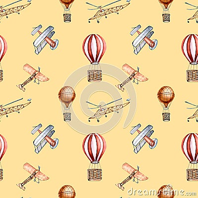 Retro air planes vintage style watercolor seamless pattern isolated on yellow. Stock Photo