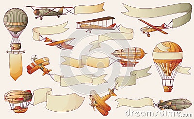 Retro Aircraft Ribbons Set Cartoon Illustration