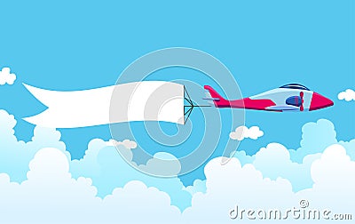 Retro airplane with a banner. Biplane aircraft pulling advertisement banner. Plane with white ribbon for message area Vector Illustration