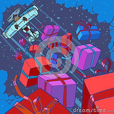 Retro airplane drops gift boxes. Christmas holiday or birthday concept Vector Illustration