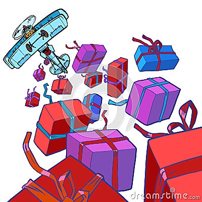 Retro airplane drops gift boxes. isolate on a white background Christmas holiday or birthday concept Vector Illustration