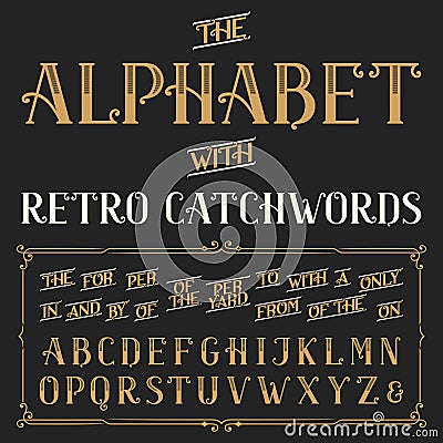 Retro alphabet vector font with catchwords. Vector Illustration