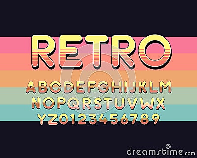 Retro alphabet in yellow and orange stripes. Vector round and bold font. Cartoon, anime, videogames and other subjects Vector Illustration