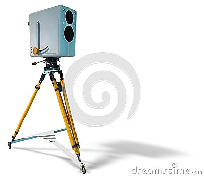 Retro ancient TV Professional studio old video camera on tripod isolated on white background Stock Photo