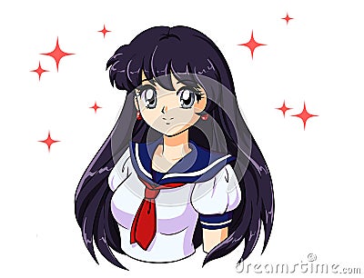 Retro anime girl with black hair in japanese school uniform Vector Illustration