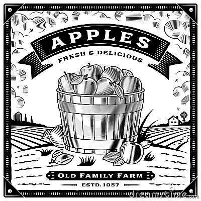 Retro apple harvest label with landscape black and white Vector Illustration