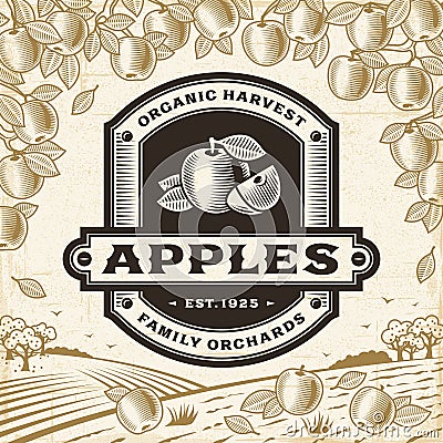 Retro apples label on harvest landscape Vector Illustration