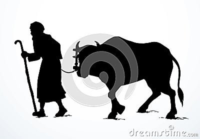 Vector drawing. A man leads an ox Vector Illustration