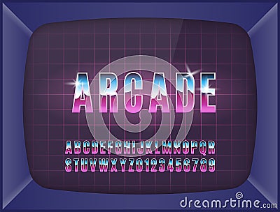 Retro arcade game machine. Screen background and font. Vector Illustration