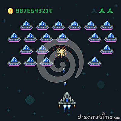 Retro arcade game screen with pixel invaders and spaceship. Space war computer 8 bit old vector graphics Vector Illustration
