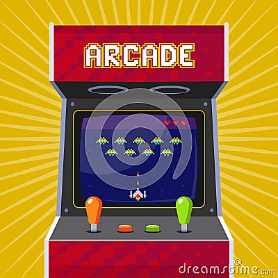 Retro arcade slot machine with pixel game. Vector Illustration