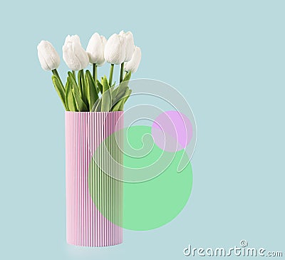 Retro artistic background with tulips in a vase and circular elements. Stock Photo