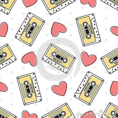 Retro Audio Cassette and Hearts on White Background Vector Illustration