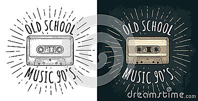 Retro audio cassette. Vintage vector black engraving illustration Vector Illustration