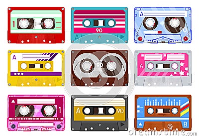 Retro audio cassette. Vintage audio tape, 90s music cassette, analogue 80s stereo audiocassette isolated vector Vector Illustration