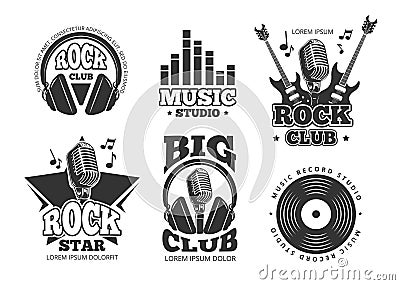 Retro audio record, studio sound vector labels, badges, logos, emblems Vector Illustration