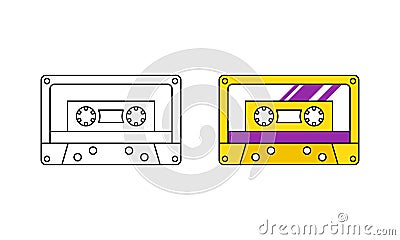 Retro audiocassette, linear and color icon. Outline simple vector of vintage compact cassette for music player Vector Illustration