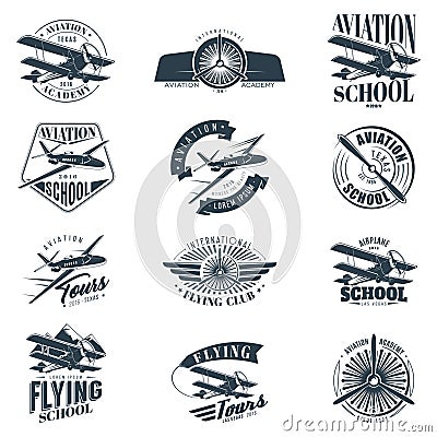 Retro Aviation set of 12 monochrome badges. Vintage Vector Airplane Labels, design elements and emblems. Vector Illustration