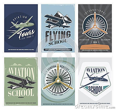 Retro Aviation set of 6 posters. Vintage Vector Airplane Labels, design elements and emblems Vector Illustration