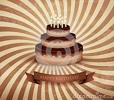 Retro background with birthday chocolate cake. Vector Illustration