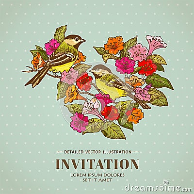 Retro Background - Flowers and Birds Vector Illustration