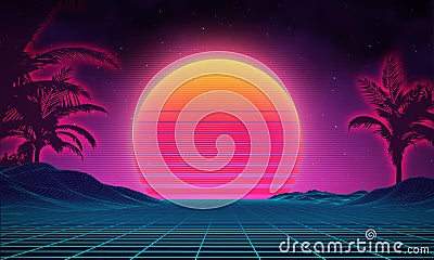 Retro background futuristic landscape 1980s style. Digital retro landscape cyber surface. 80s party background . Retro Vector Illustration