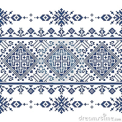Zmijanjski vez cross stitch style vector seamless pattern - traditional textile or fabric folk art print background inspired by cr Vector Illustration