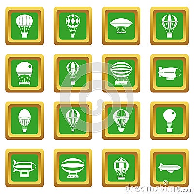 Retro balloons aircraft icons set green Vector Illustration