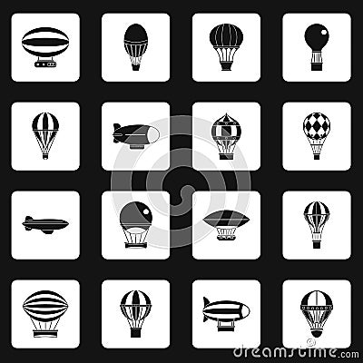 Retro balloons aircraft icons set squares vector Vector Illustration