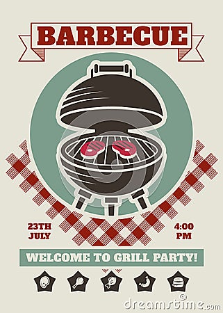 Retro barbecue party restaurant invitation template. BBQ cookout vector poster with classic charcoal grill Vector Illustration